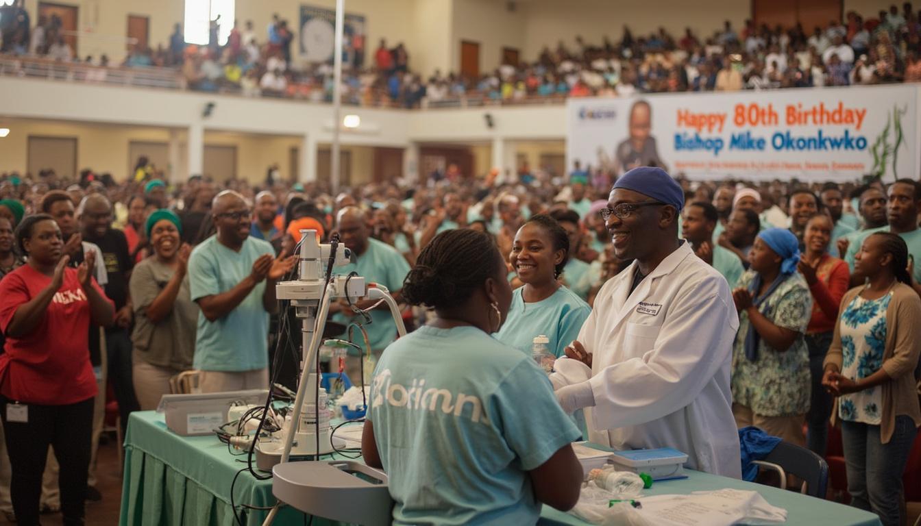 participez à une chirurgie de la cataracte gratuite en l'honneur de l'évêque mike okonkwo, célébrant son 80e anniversaire. offrez une nouvelle vision à ceux dans le besoin tout en rendant hommage à un leader inspirant.