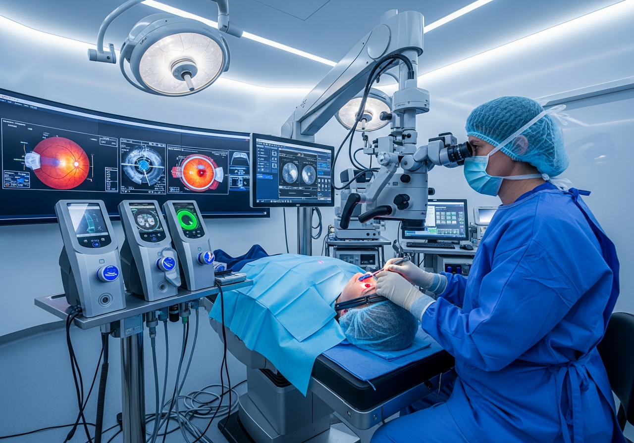 Salle d’opération ophtalmologique moderne avec chirurgien utilisant un laser pour corriger la vision d’un patient
